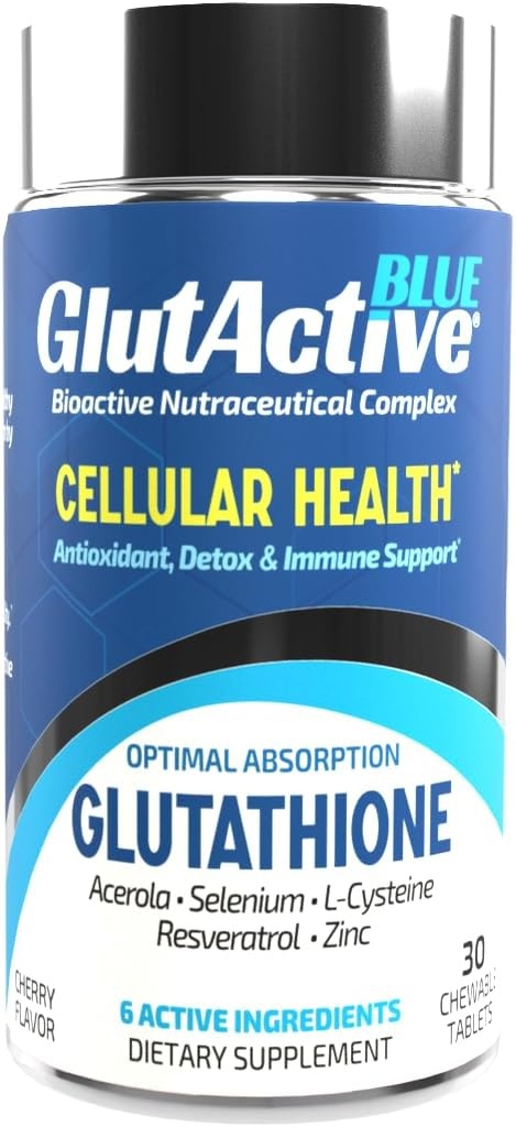 Biru 800mg 124; Glutathione: 124; Antioksidant, Meningkatkan kekebalan dan Energi - Detox & Antiaging, Cysteine, Selenium, Zinc, Resveratrol, Acerola (VIT- C). Bisa dikunyah. 30