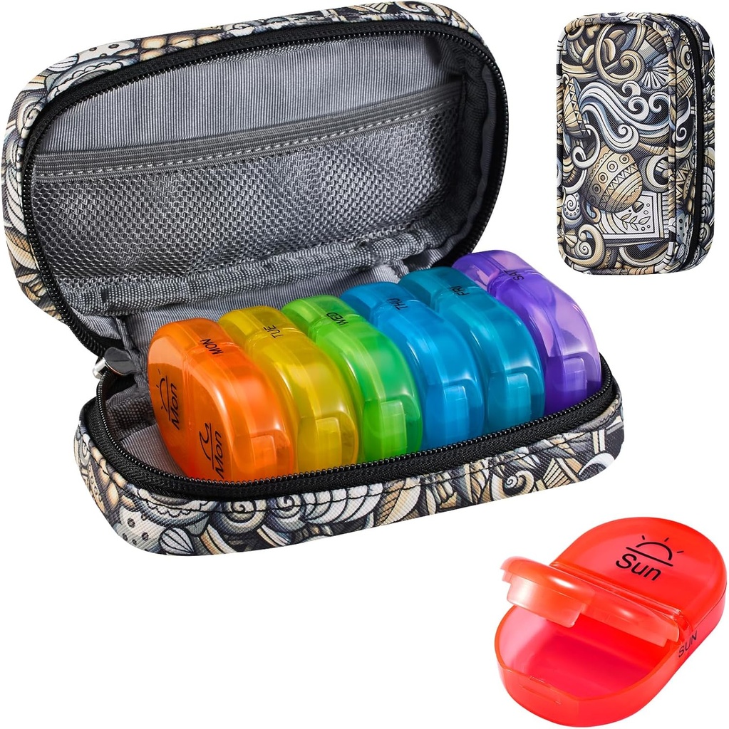 Serfeymi Weekly Travel Pill Organizer 2 Times A Day AM PM Upgraded Rainbow Pill Box 7 Day with Portable Zipper PU Leather Pill Case, Medicine Organizer for Pills, Vitamin, Fish Oils - Brown 03