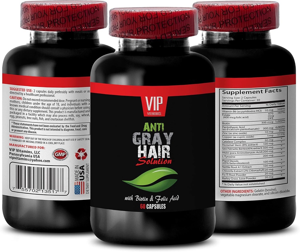 Pemulihan Kecantikan - Solusi Rambut Abu-abu - dengan BiOTIN & FOLIC Acid - jelatang Kapsul, Suplemen Paba, Suplemen Rambut Abu-abu, Dukungan folat untuk Perempuan, Vitamin untuk Pembalikan Rambut Gray, 1B 60 Caps