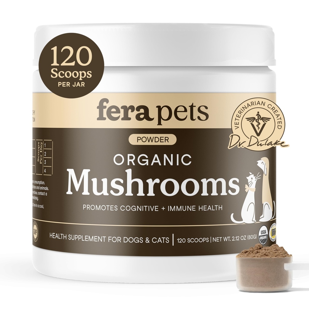 Fera Pets Mushroom Suplemen untuk Anjing & Kucing dengan ekor Turki - USDA Organik - Dukungan Kognitif dan Kebal - Enhances Liver Fungsi - Mendukung Gut Sehat - Powder - 120 Scoops