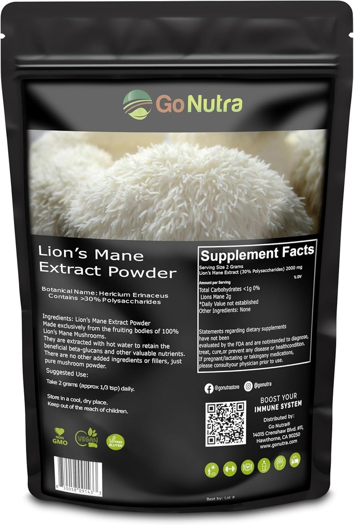 Go Nutra - Powder Mane Lion, Mampu 10: 1 Mee Mane Mushroom Powder Lion Mane dengan 30% Polysacchardes, Extract Singa Murni untuk Teh, Juice, Air, dan More, Non-GMO, Vegan, 8 oz