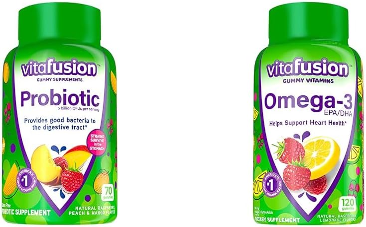 Vitamin Probiotic Gummy Suplemen, Raspberry, Peach and Mango Flavors & Omega-3 Gummy Vitamin, Berry Lemonade Flavored, Heart Health Vitamins (1) dengan Omega