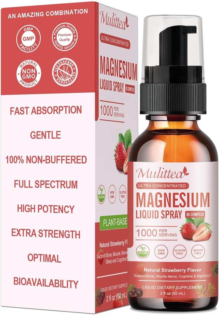 Magnesium Glycinate Liquid Spray with Citrate, Oxide & Malate, Magnesium with Whole Vitamin, L- Theanine, D3K2, B6 for Heart, Leg Cramps, Muscles & Energi- Sugar- Free Strawberry Flavor, 2 Fl Oz