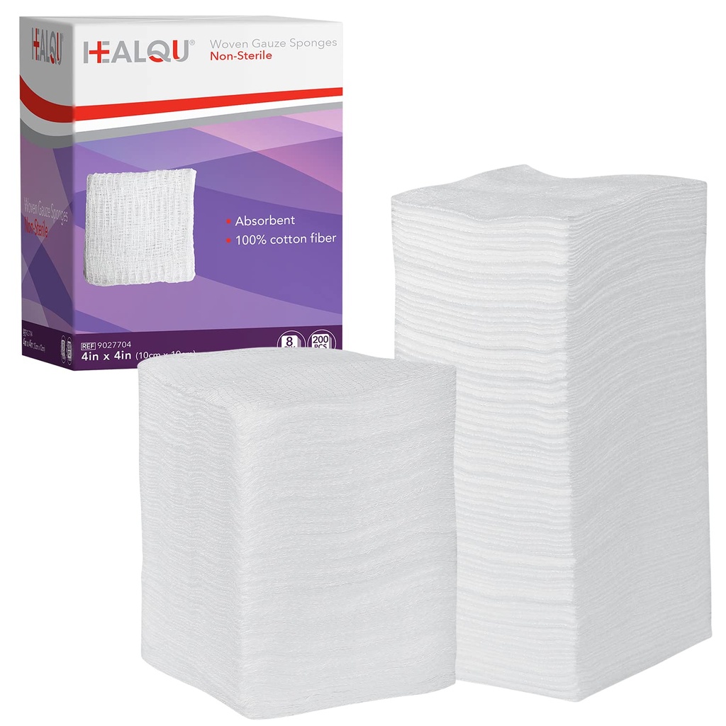 HeaLQU 4x4 Gauze Pads - 12 Ply Woven Pack 200 - Ultra Absorbent Soft None - Sterile Sterile Sponges for Wound Dressing, Desincement, Cleaning and Prepping