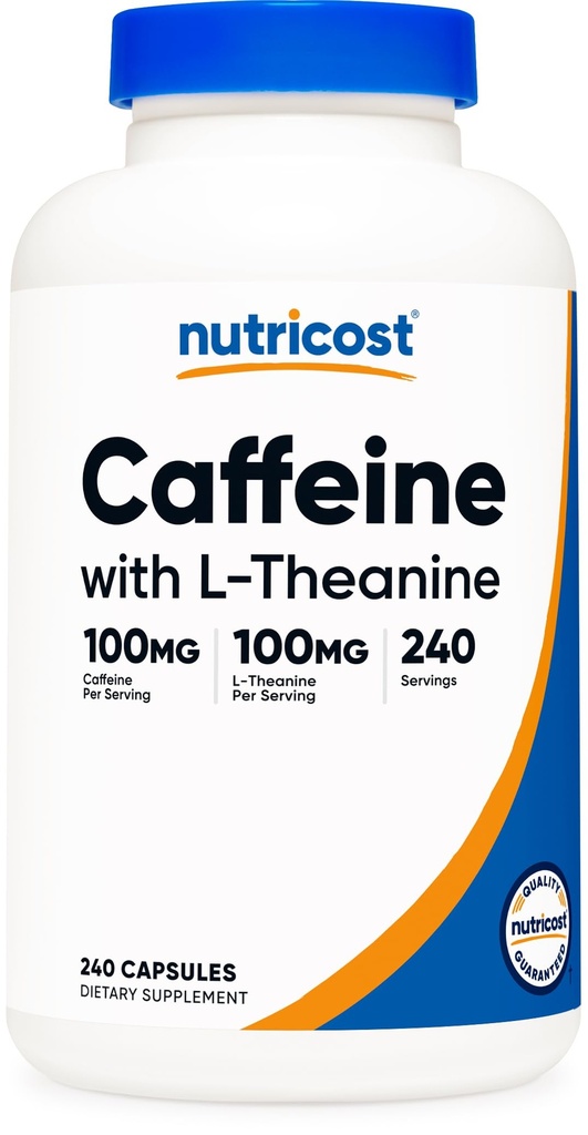 Caffeine dengan L- Theanine, 100mg dari masing-masing, 240 Capsules, 240 Servings - Non-GMO dan Gluten Free
