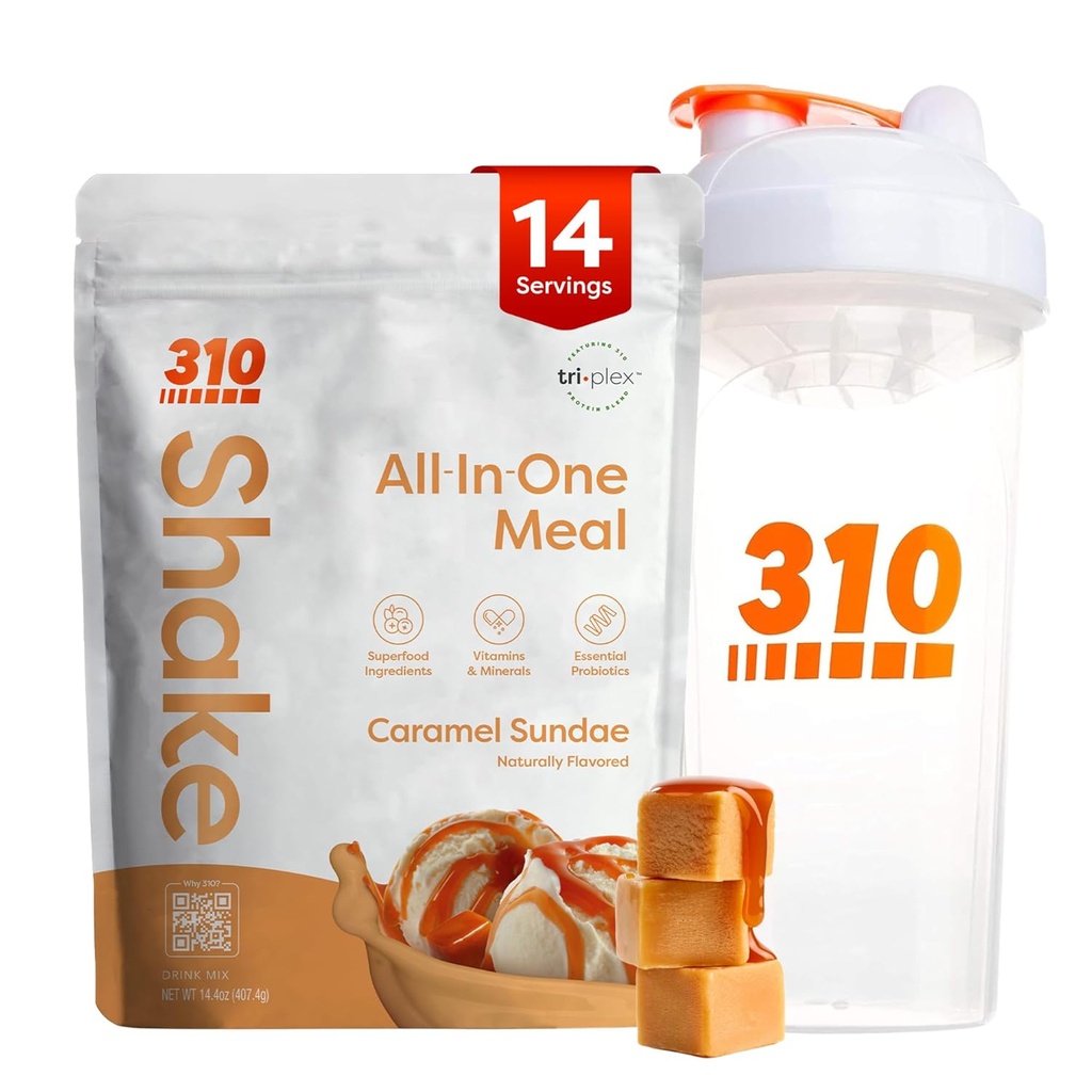 310 Nutition All- inone Meal Replacement Shake Powder w / Shaker Cup Starter Kit - High Protein Fiber Rich Vegan Superfood Blend - Sugar- Free, Keto & Paleo Frid, Low Carb - Caramel Sundae 14 srv