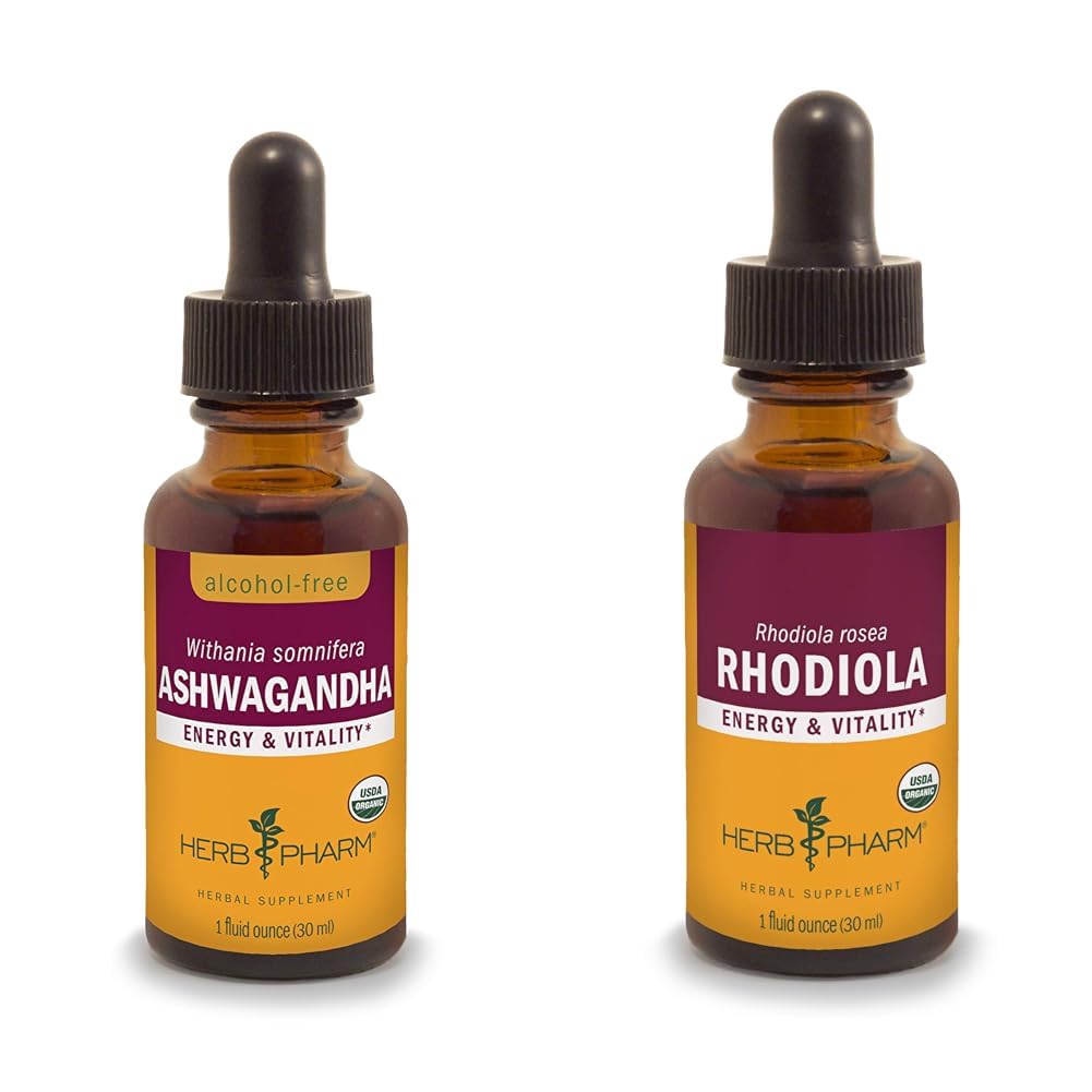 Herb Pharm Ashwagandha & Rhodiola Root Extracts for Energy, Vitalitas, Endurance & Stamina, Alcohol- Free Glycerite & Organic Cane Alkohol, 1 Oz Masing-masing