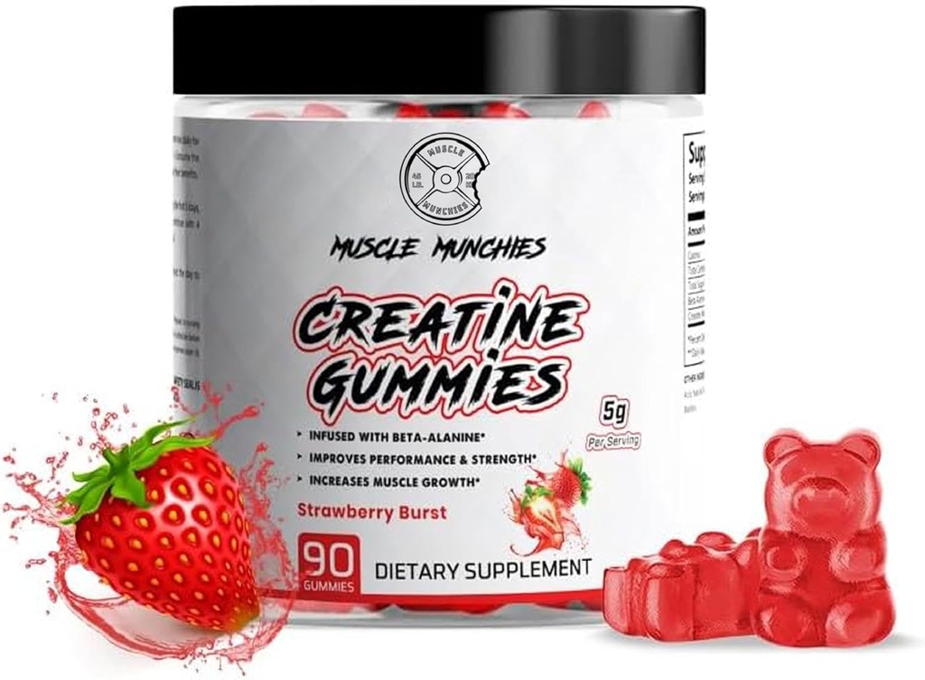 Muscle Munchies Creatine Chewable Gummies for Men & Women-Infused with Beta Alanine- 5g of Creatine Per Service - Increases Strength, Endurance, Recovery- Vegan, NongMO (Strawberry Burst)
