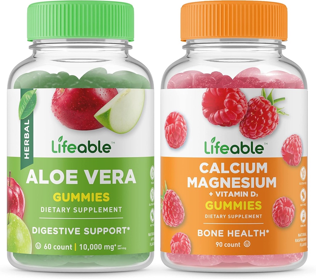 Aloe Lifeable Vera + Kalsium Magnesium, Gummies Bundle - Great Tasting, Vitamin Suplement, Gluten Free, GMO Free, Chewable