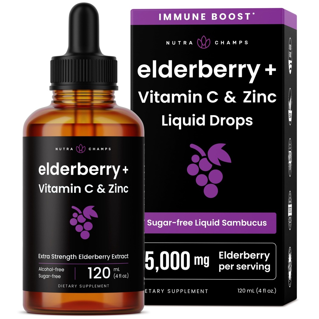NutraChamps Organic Elderberry Syrup - 5000mg Elderberry Extract with Vitamin C & Zinc - Black Elderberry Liquid Drops - Sugar- Free Immunion Booster, Vegan, Gluten- Free