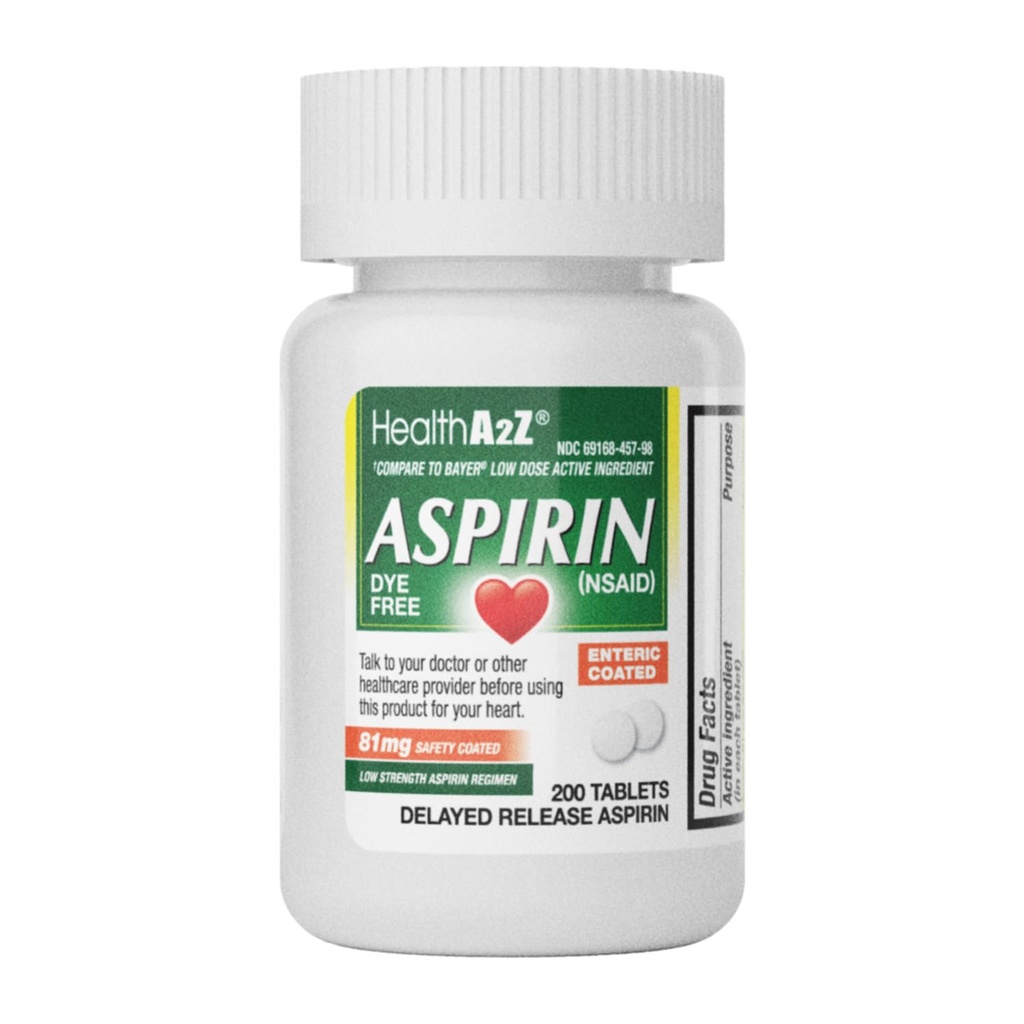 HealtA2Z ® Aspirin 81 mg 142; DYE Free Avels 124; Low Energy 124; 200 Counts 14; Reduces Minor Aches Muscle Pain & Cramps 124; Fever Reducer