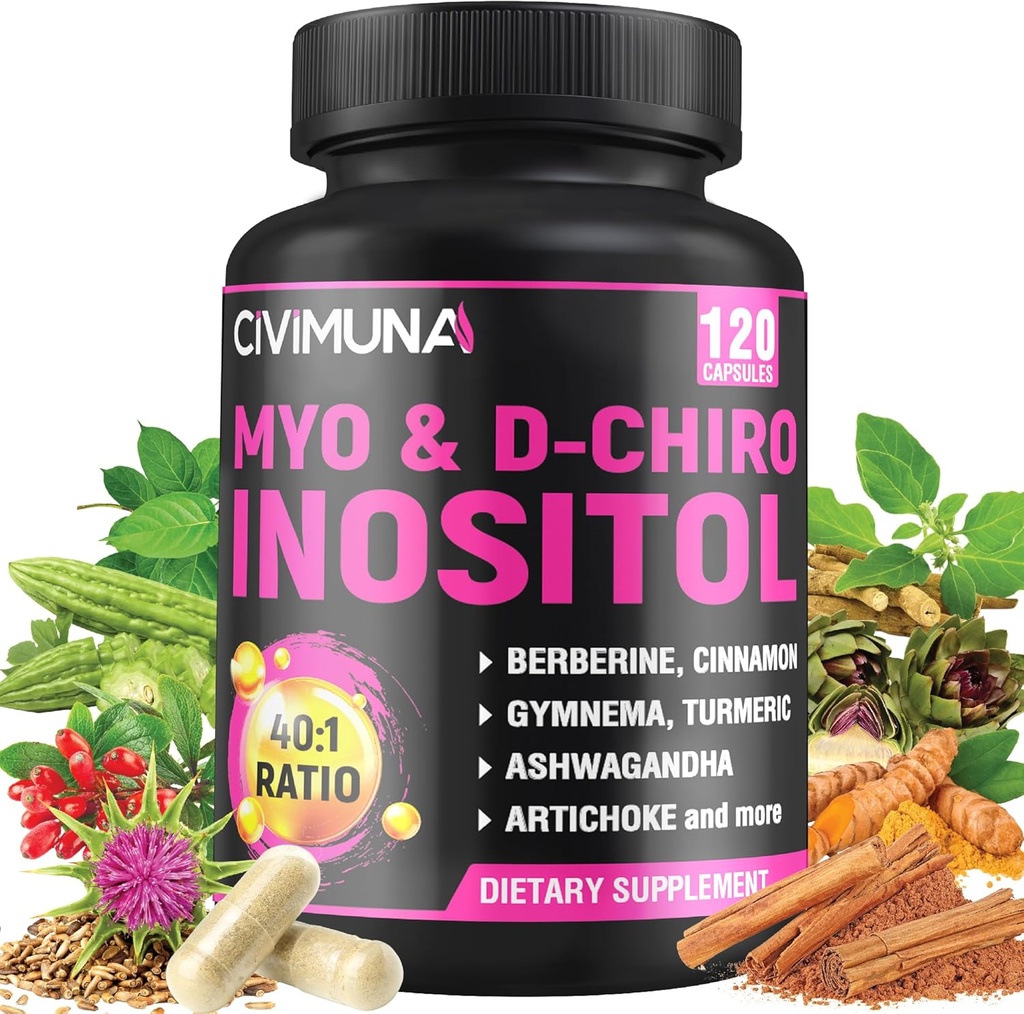 Tambahan Inositol - Myo- Inositol dan D-Chiro Inositol Plus Ashwagandha, Berberine, Cinnamon dan 5 Mores - 120 Kapsul