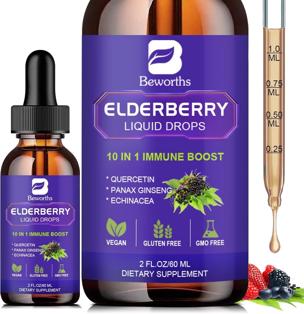 Elderberry Syrup Black Elderberry Drops dengan Quercetin, Panax Ginseng, Vitamin C dan Zinc, Sambucus Elderberry Syrup Liquid, Vegan, Non-GMO & Gluten Bebas
