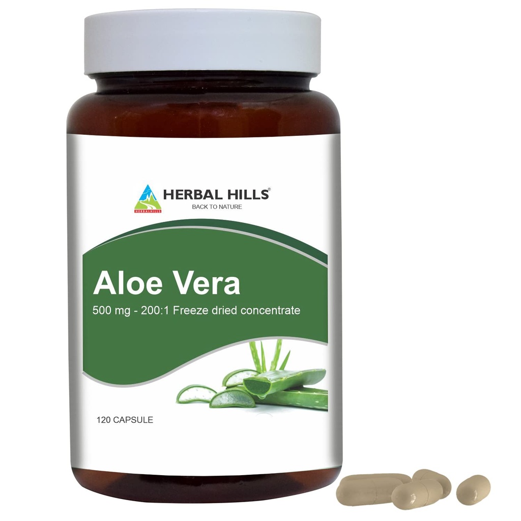 HERBAL HILLS Aloe Vera Kapsules (Aloe barbadensis) = 124; 120 Capsules (500 mg) = 124; Murni Aloe Membekukan Supder kering, Konsentrasi Tinggi, Mendukung Overall Well- Menjadi