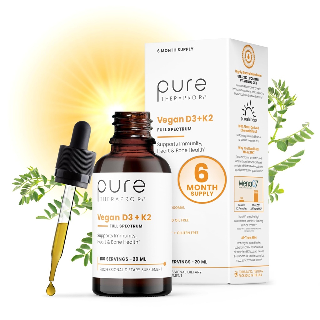 Murni Therapro Rx Vegan D3 + K2 Organik 100% Lipomal 20ml Terbuat dalam Amerika Serikat 124; 6 Bulan Suplai 124; Maksimum Absorpsi Vitamin D3 dan Vitamin K2 Suplemen untuk Pria dan Perempuan, D3 Vitamin 5000 IU