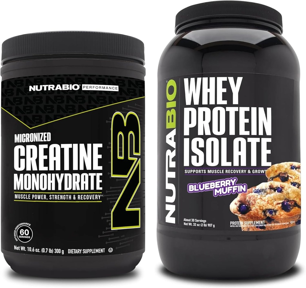NutraBio Creatine Monohydrate, Unfeatored, 300g dan Whey Protein Isolate, Blueberry Muffin, Tambahan Bundle - Muscle Energy, Lean Muscle Growth, Recovery, and Power