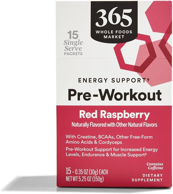 365 oleh Whole Foods Market, Pra-Workout Energy Support dengan Caffeine, Single- Save Packets, Raspberry Merah, 15 Count