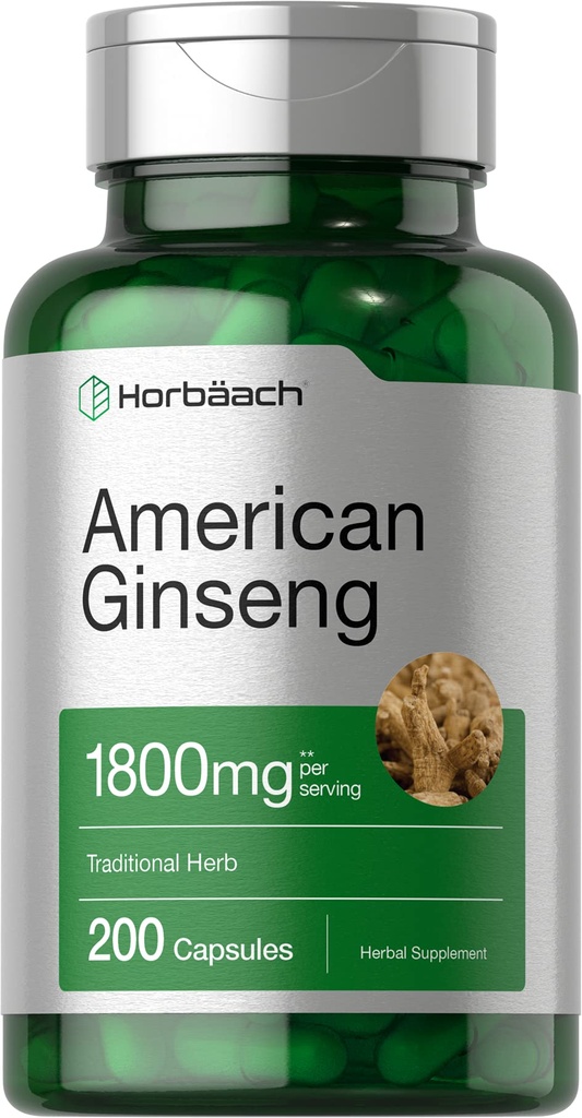 Horbäach American Ginseng Capsules 124; 1800 mg 124; 200 Count 14; None-GMO, Gluten Free Supplemen 124; Ginseng Root Extrtract Complex