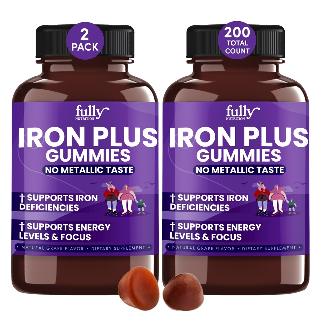 Suplemen Gummies Besi untuk Perempuan, Pria, dan Anak-Anak - Grape Flavor- Mendukung Anemia, Energi dan Fokus Tingkat - 200 Cacah