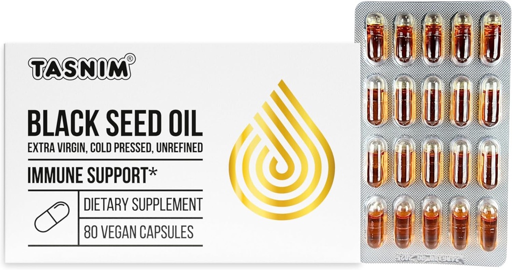 Tasnim Black Seed Oil Organik Dingin Menekan Kasules 100% Murni Cold- Menindas Hitam Cumin Minyak Nigella Sativa untuk Dukungan Immune, Gabungan dan Vitalitas