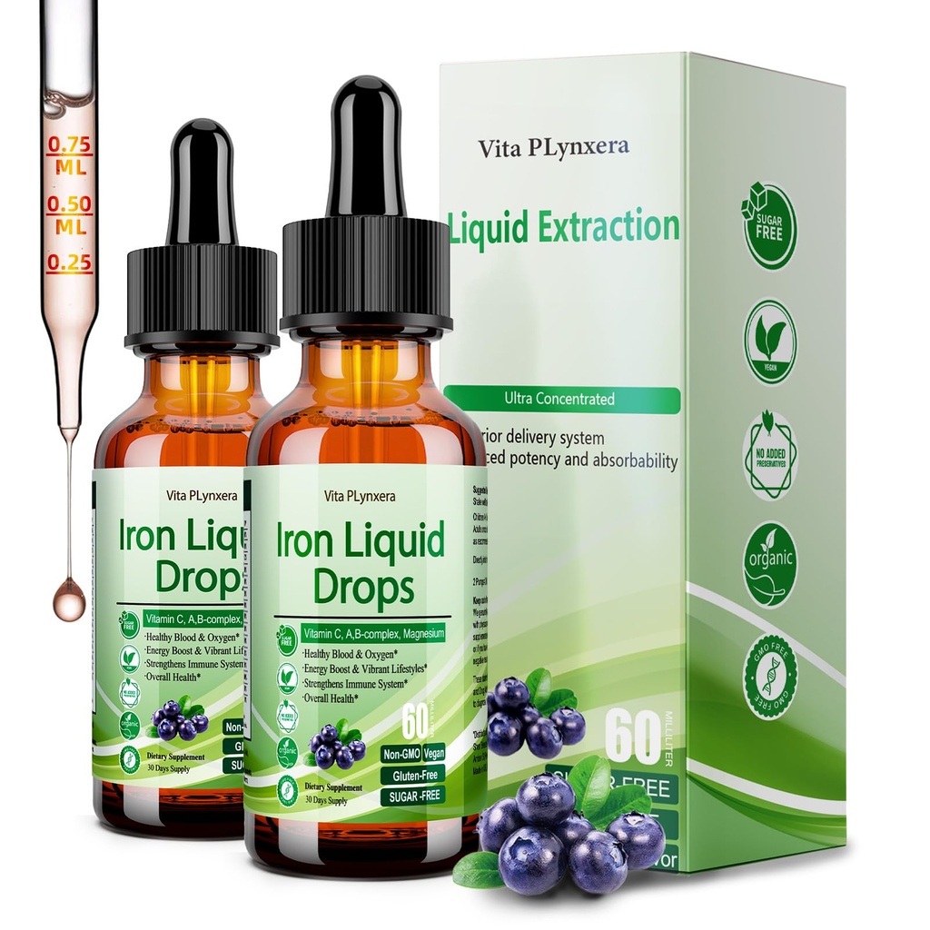 2 Pack Liquid Iron Supplement for Women & Kids, Vegan Iron Drops with Vitamin C D, B12, B-Complex, Cair Potency Tinggi dengan Multivitamin for Anemia, Dukungan Energi, Magnesium Besi Lembut