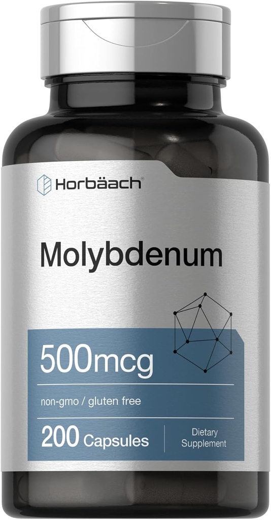 Suplemen Horbaach Molybdenum: 124; 500mcg = 124; 200 Capsules = 124; Amino Acid Chelate = 124; Non-GMO, Gluten Free