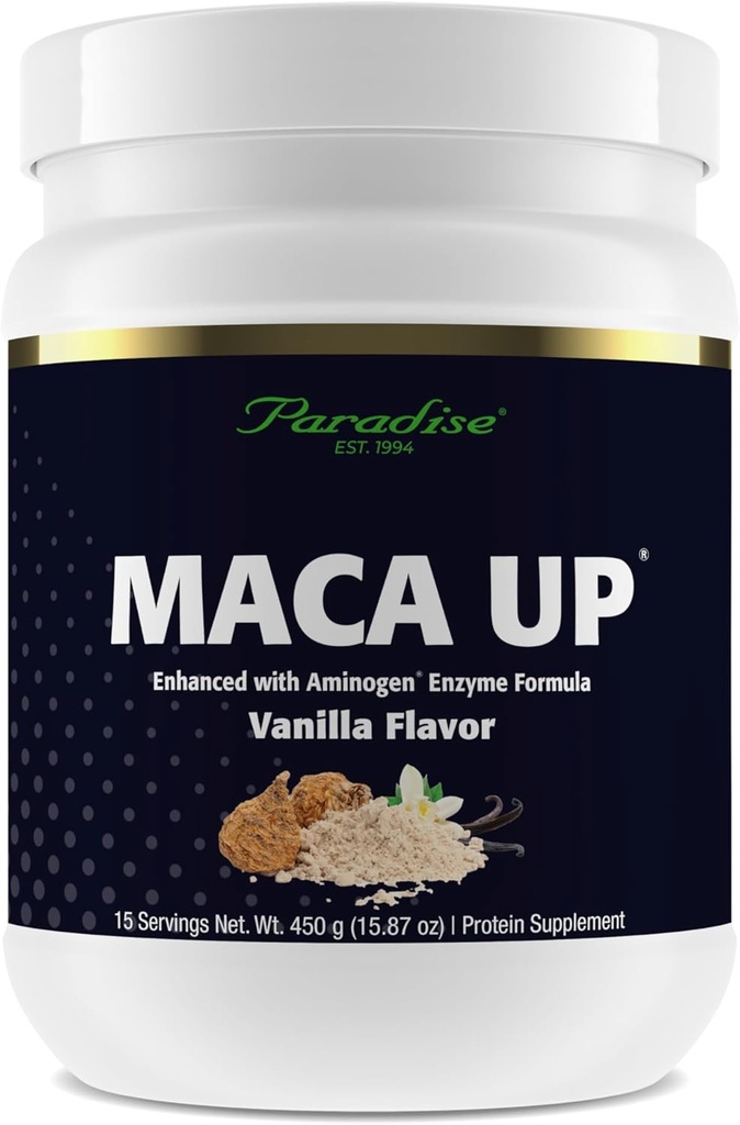 Paradise Herbs Up Vanilla Vegan Protein Powder, Organik Pea & Brown Rice, Maca Root, Aminogen Digetical Enzyme Bran Fiber, 15 G
