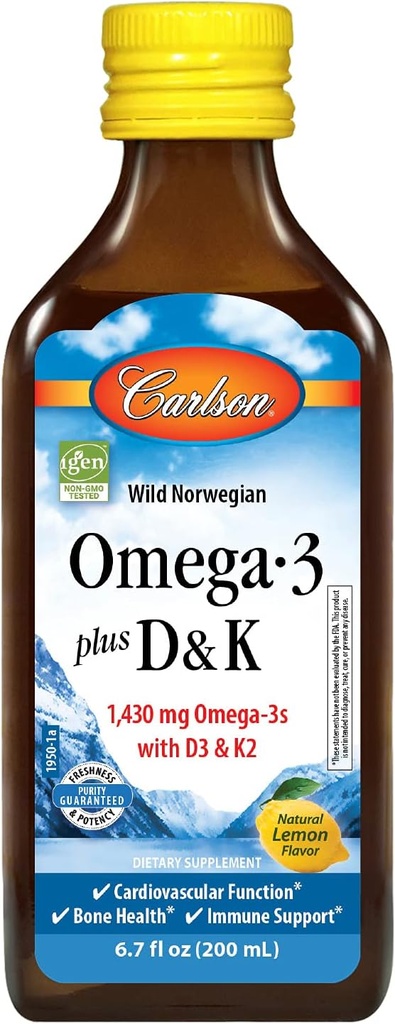 Carlson - Omega-3 + D & K, 1430 mg omega- 3s, 2000 IU (50 mcg) D3, 90 mcg K2 sebagai MK-7, Heart Health, Bone Dukungan, Lemon, 200 mL