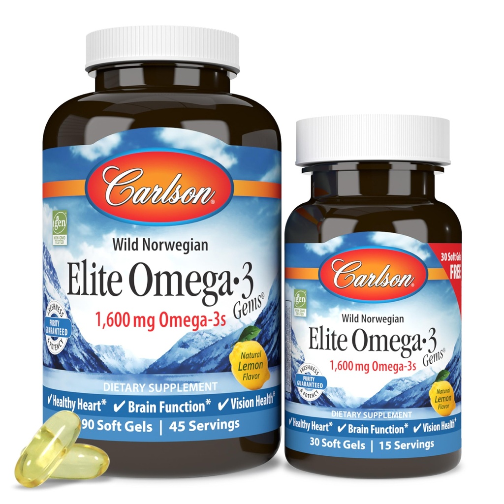 Carlson - Elite Omega-3 Gems, 1600 mg Omega- 3 Acids Gendut termasuk EPA dan DHA, Norwegia, Wild- Menangkap Suplemen minyak ikan, Sumpably Soursules, Lemon, 90 + 30 Softgels