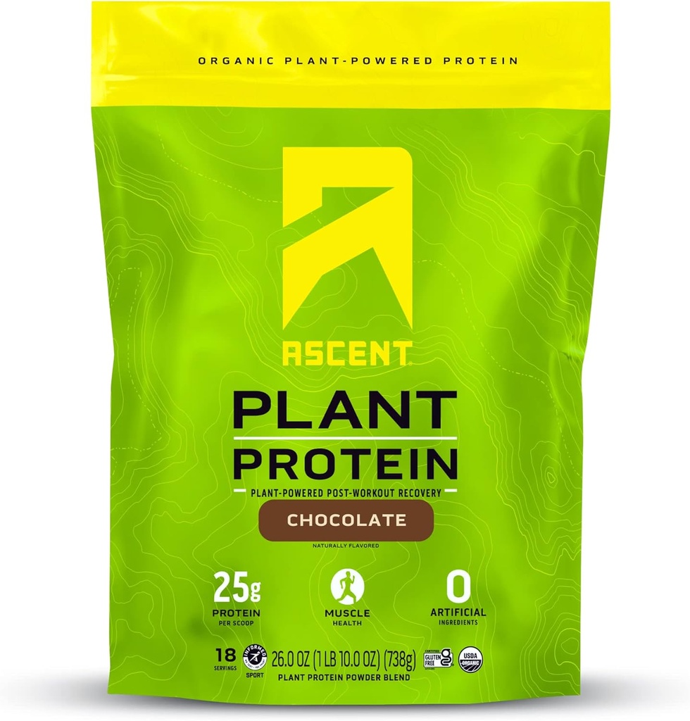 Ascent Plant Based Protein - Non Dairy Vegan Protein, Zero Artificial Ingrediens, Soy & Gluten Free, No Added Sugar, 4g BCAA, 2g Leucine - Chocolate, 18 Servings