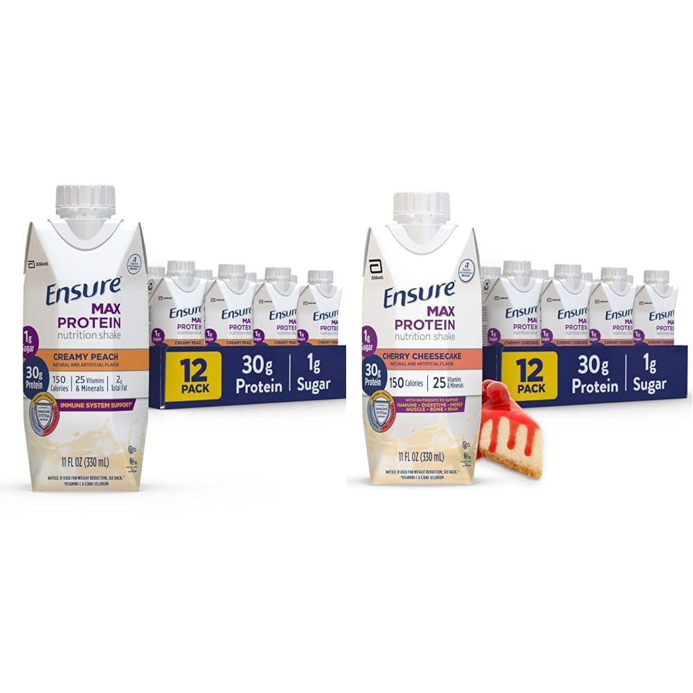 Pastikan Max Protein Nutrition Shake dengan 30g Protein, 1g Sugar, Tinggi Protein Shake, Creamy Peach dan Cherry Cheesecake Variety Pack, 11 fl oz, Paket 12