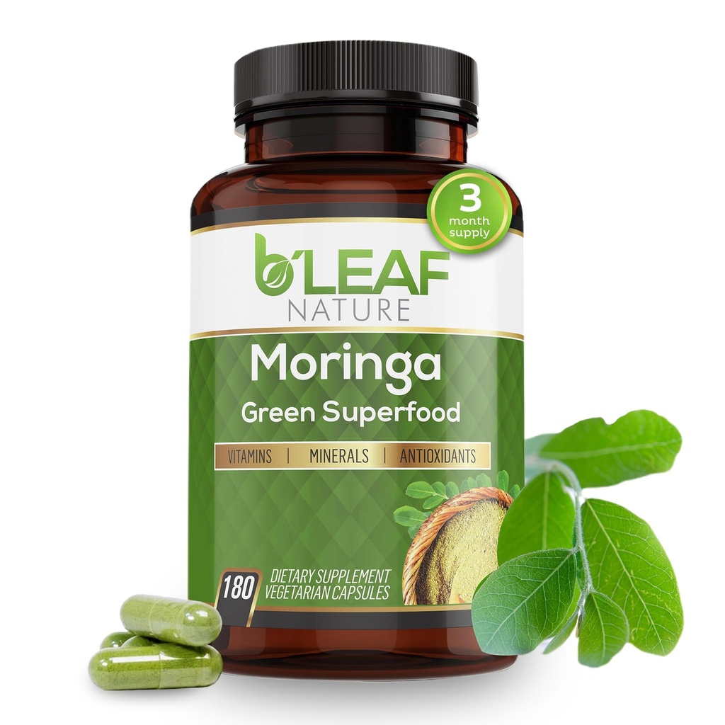 B 'LEF NATURE Organic Moringa Capsules 10000mg, 180 Count - Moringa Capsules dengan Olefeira Organik untuk Dukungan Imune, Energi & Saldo - Vegan, Much- GMO Suplemen Harian