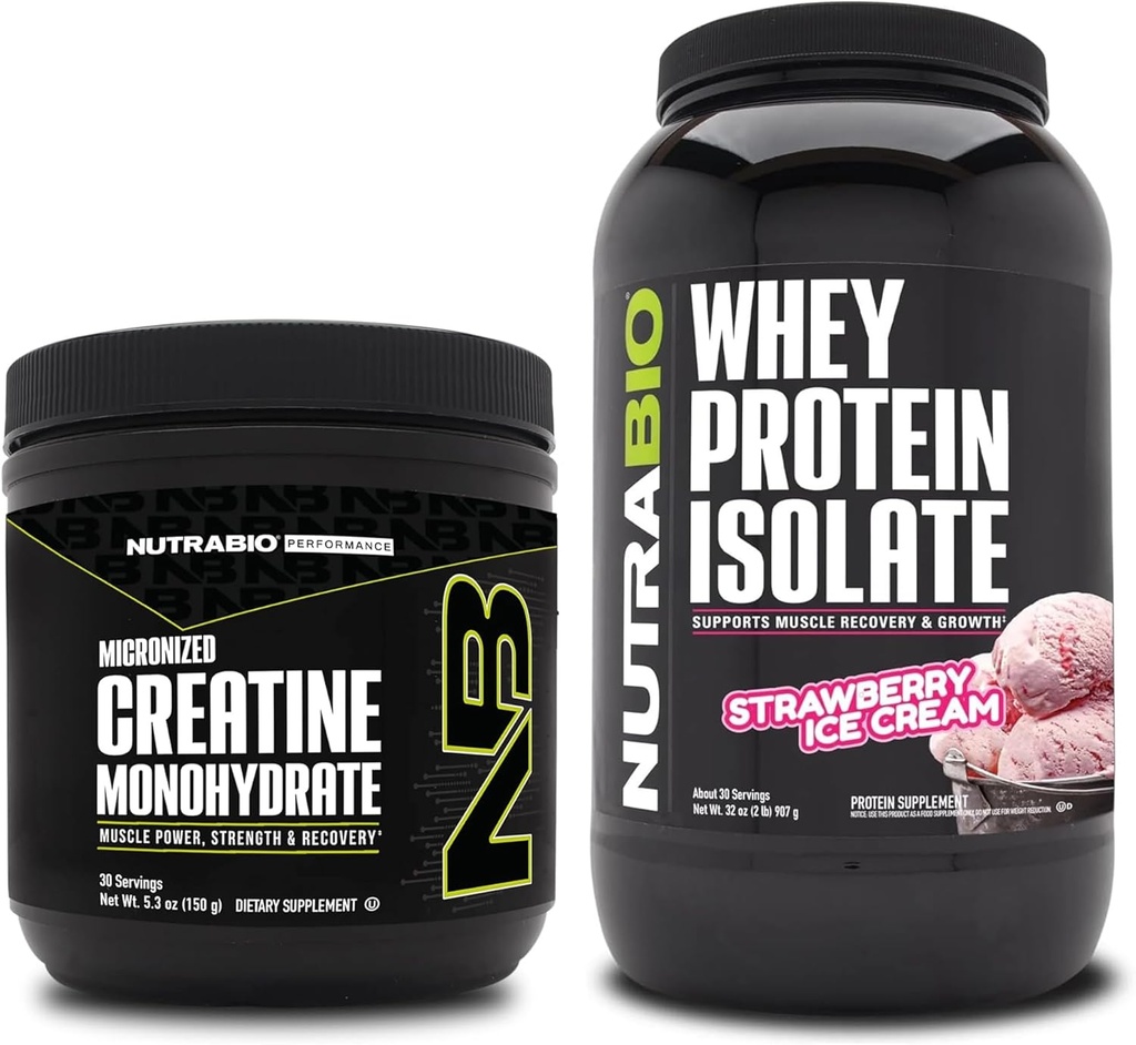 NutraBio Creatine Monohydrate, Unfeatored, 150g and Whey Protein Isolate, Strawberry Ice Cream, Supplemen Bundle - Muscle Energy, Lean Muscle Growth, Recovery, and Power