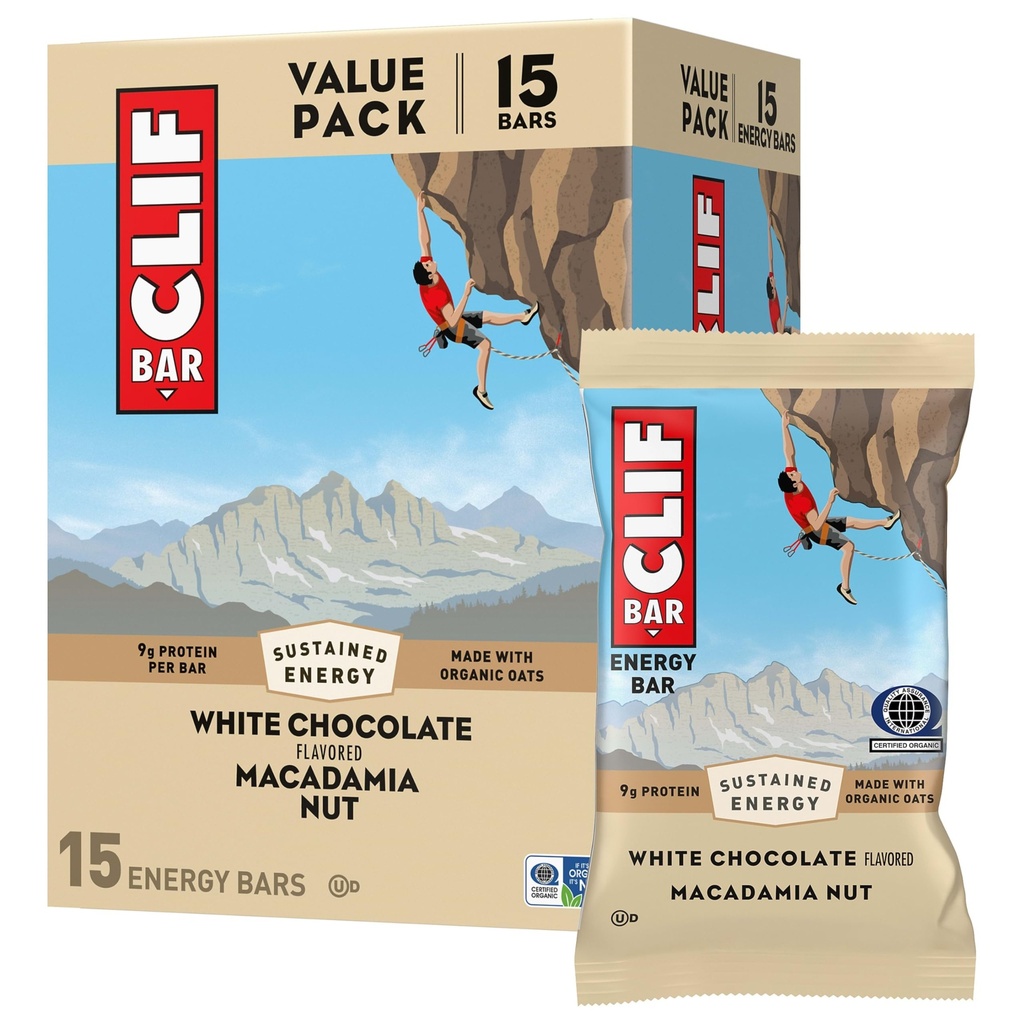 CLIF BAR-Energy Protein Bars - White Chocolate Macademia Nut - Macademia Dibuat dengan Oats Organik - Bar Energi - Non- GMO - (15 Pack)