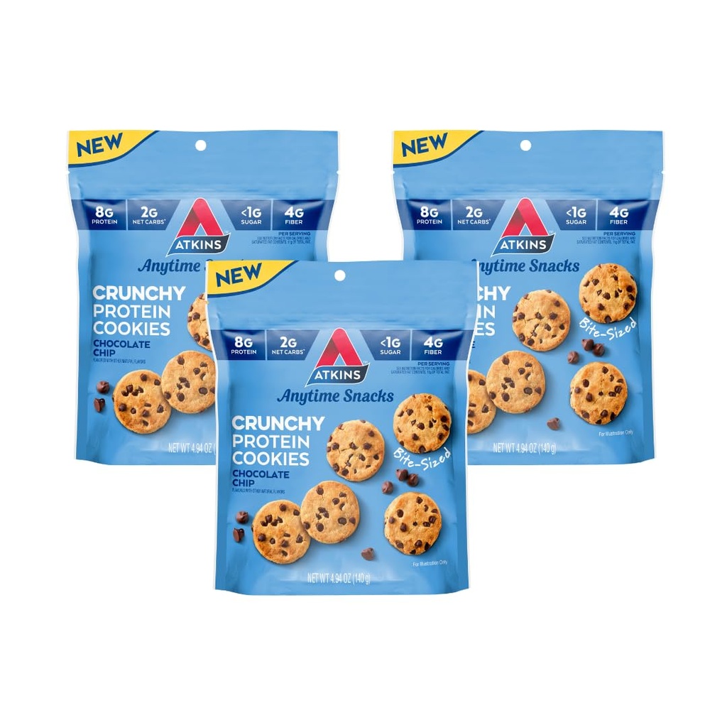 Atkins Bite- Sized Crunchy Protein Cookies, Chocolate Chip, 8g Protein, 4g Fiber, 1g Net Carb, 1g Sugar, Keto Friendly, 3 Bags (5 Servis Per Bag)
