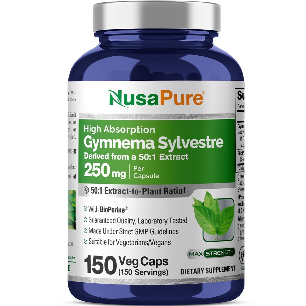 NusaPure Gymnema Sylvestre 50: 1 Ekstraksi, 250 mg Equilivalen 12.500mg Per Vegan Caps - 150 Count (Non- GMO, Vegan, Bioperin)