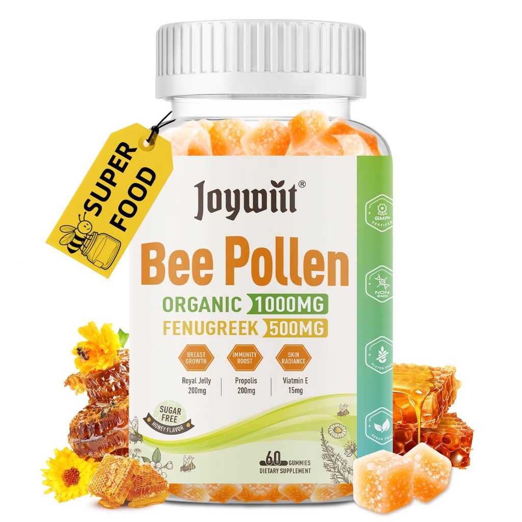 Bee Pollen £100mg Sugar Free Gummies, w / Fenugreek, Royal Jelly, Propolis, Organic Bee Pollen Chewable Supplement for Women, Rich in Vitamin E, Imunity & Skin Care, 60 Counts