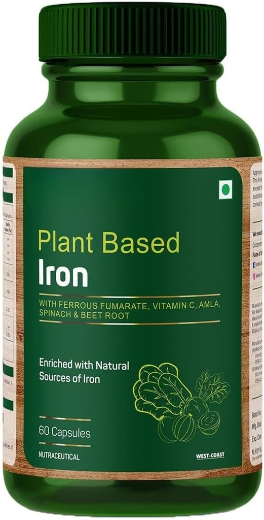 Plant Based Iron with Ferrous Fumarate, Vitamin C, Spinach & Beet Root Enriched with Natural Source of Iron - 60 Capsules