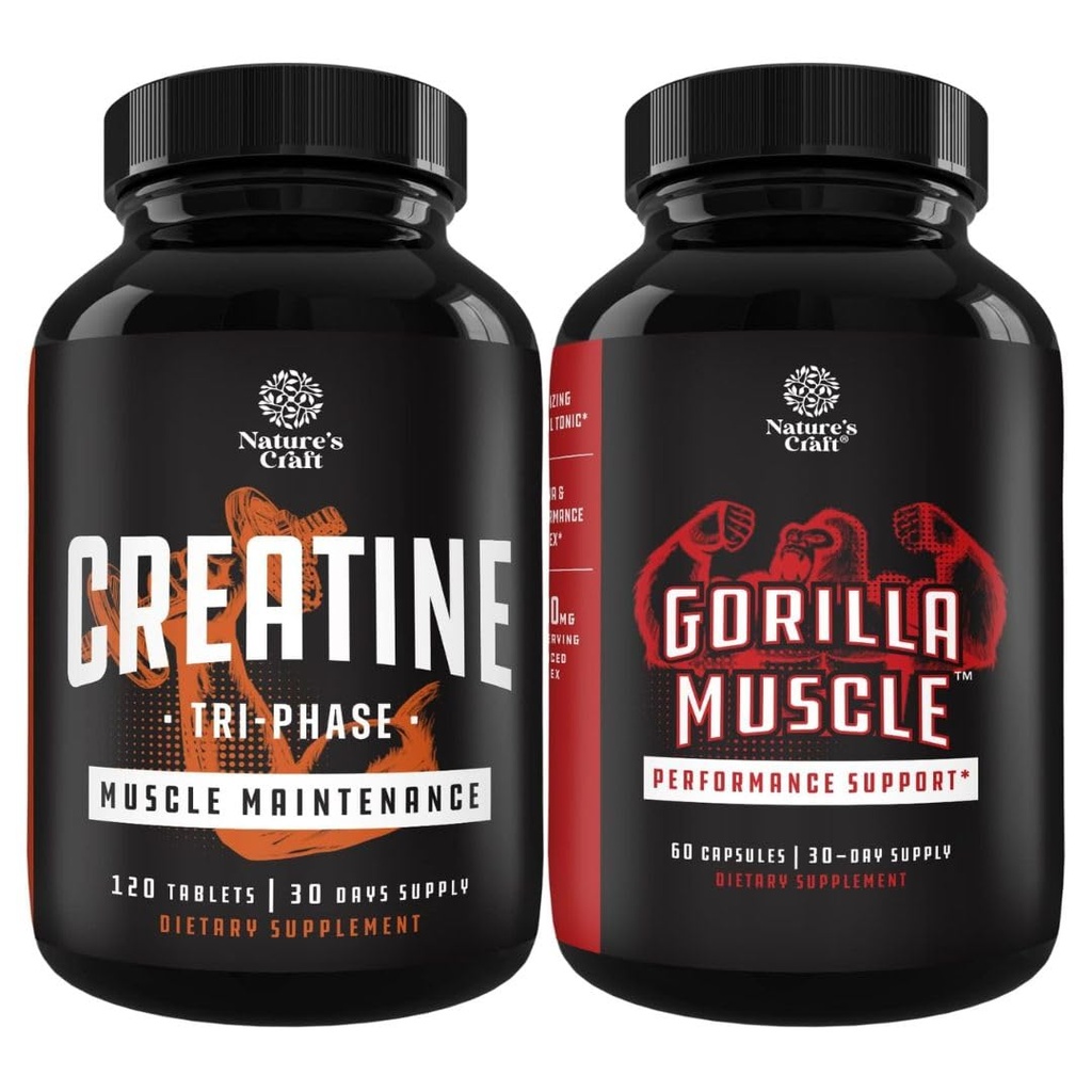 Bundle of Tri Fase Creatine Pil 5g and Extra Energy Test Booster for Men - Muscle Mass Gainer and Muscle Recovery Creatine HCL Pyruvate - Supplemen Energi Alam dengan Horny Goat Weed