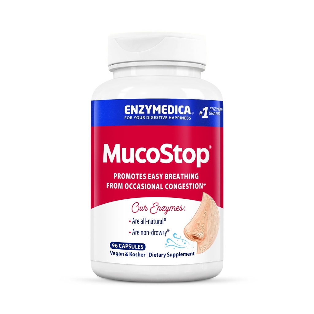 Enzymedica, MucoStop, Suplemen Enzyme Natural, Relieves Seasonal atau Occasional Contrable, Supports Easy Breathing, 96 Count