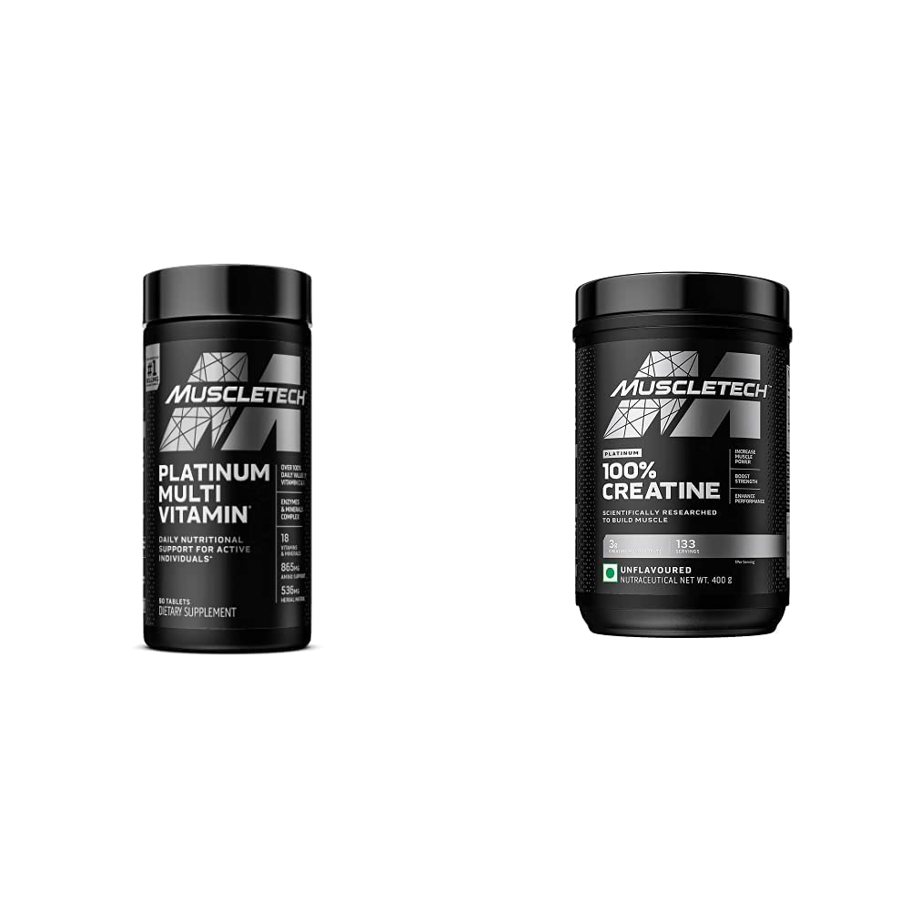 MuscleTech Creatine Monohydrate Powder Platinum Pure Micronized Muscle Recovery + Builder & Platinum Multivitamin for Immune Dupport 18 Vitamin & Mineral