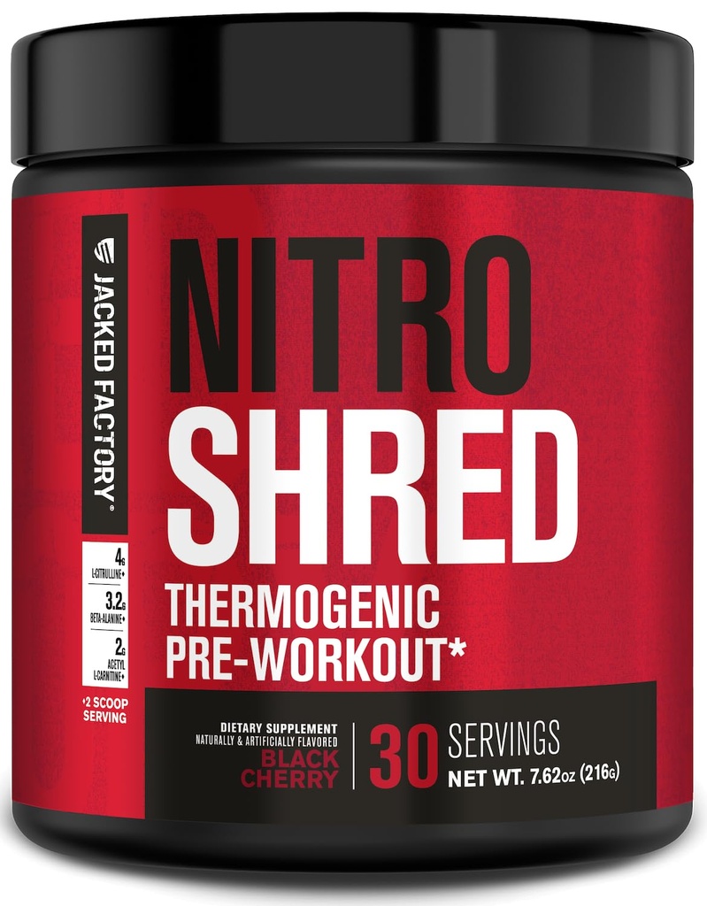 Jacked Factory NITROSURGE Shred Pre Workout Suplemen - Energy Booster, Instant Power Gains, Sharp Focus, Powerful Pumps - Nitric Oxide Booster & PreWorkout Quoder - 30Sv, Black Cherry