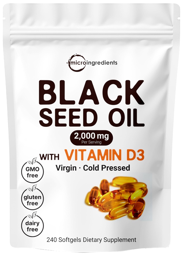 Mikro Ingredients Black Seed Oil 2000 mg dengan Vitamin D3 1000 IU, 240 Softgels 124; Cold Press - Nigella Sativa Pil dari Mesir, Virgin Oil, Odorless, Non-GMO & No Gluten