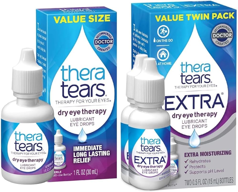 TheraTears Dry Eye Therapy Eye Drops for Dry Eyes, 1.0 Fl Oz & Extra Dry Eye Lubricating Eye Drops for Dry Eyes, 0.5 fl oz Bottle, 2 Count (Pack of 1)