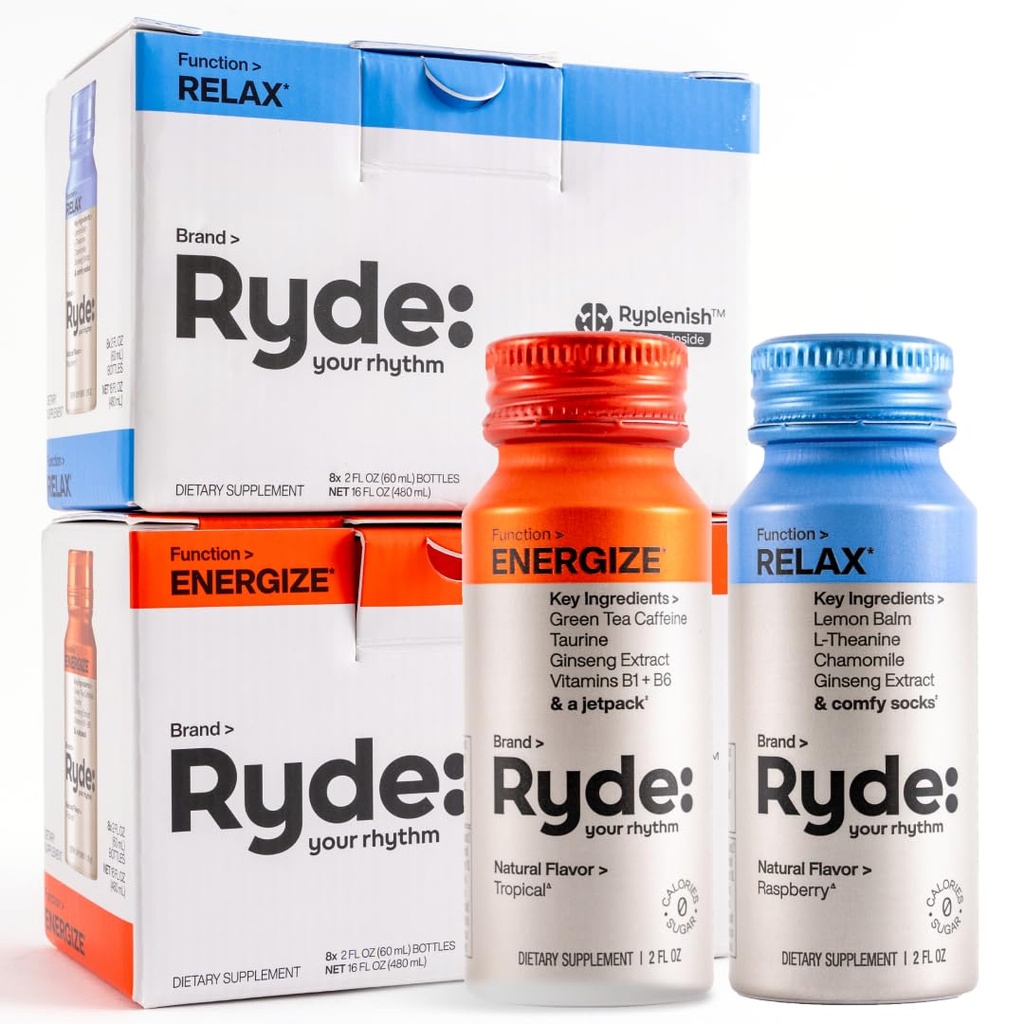 RYDE Shots 124; Energize + Relax 124; Essible B Vitamin, Ginseng, Chamomile dan Caffeine = 124; Kalori Nol Gula 124; Paket 16