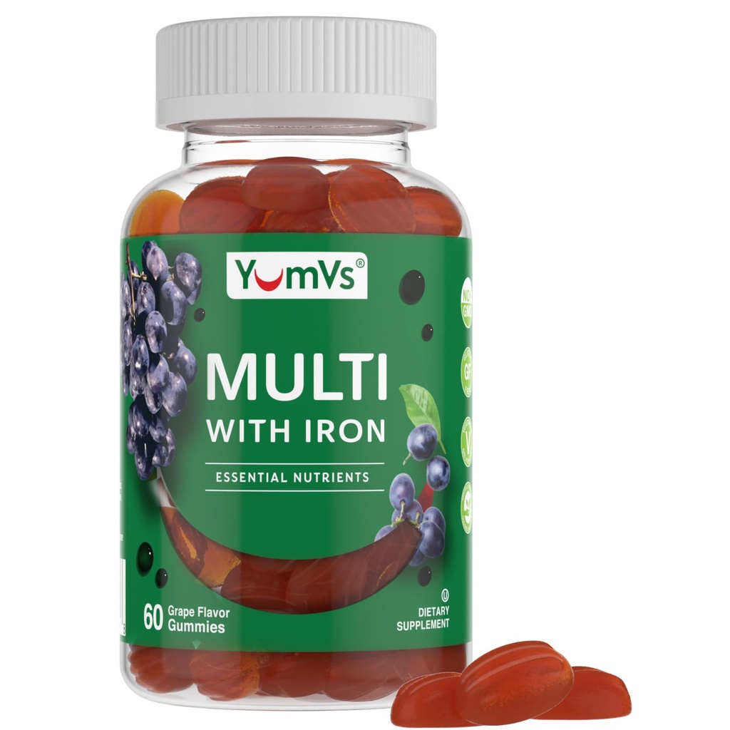YUM-V 'S Iron Kimmies - Multivitamin Iron Suplement with Vitamin C, A, B & Zinc, Support Blood Oxygen, Vegan Suplemen Perempuan, Pria & Anak-Anak untuk Pertumbuhan dan Pengembangan - Grape Flavor 124; 60 Count