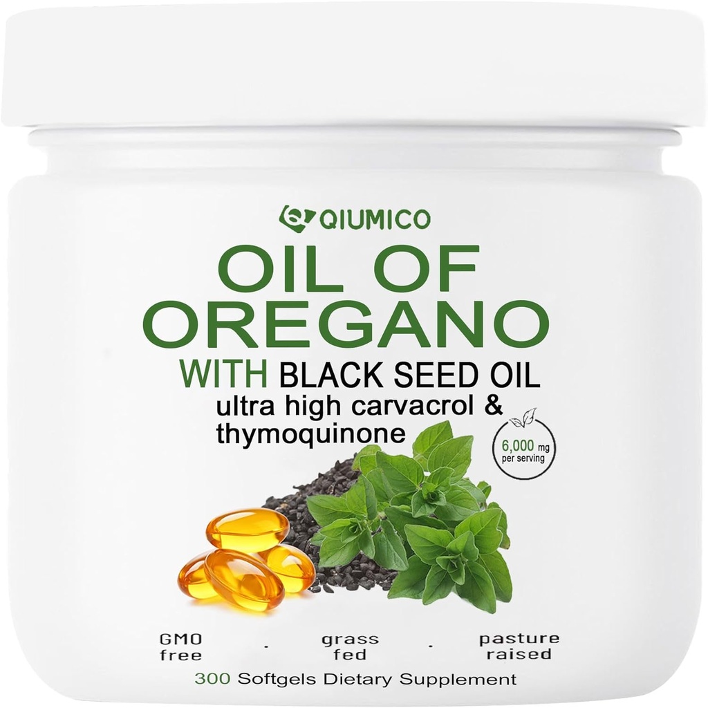Minyak Oregano dengan Softgeels Benih Hitam, Oregano Oil Capsules Organik, 2 di 1 6000mg Minyak Oregano dengan Minyak Benih Hitam 200mg, 300 Count