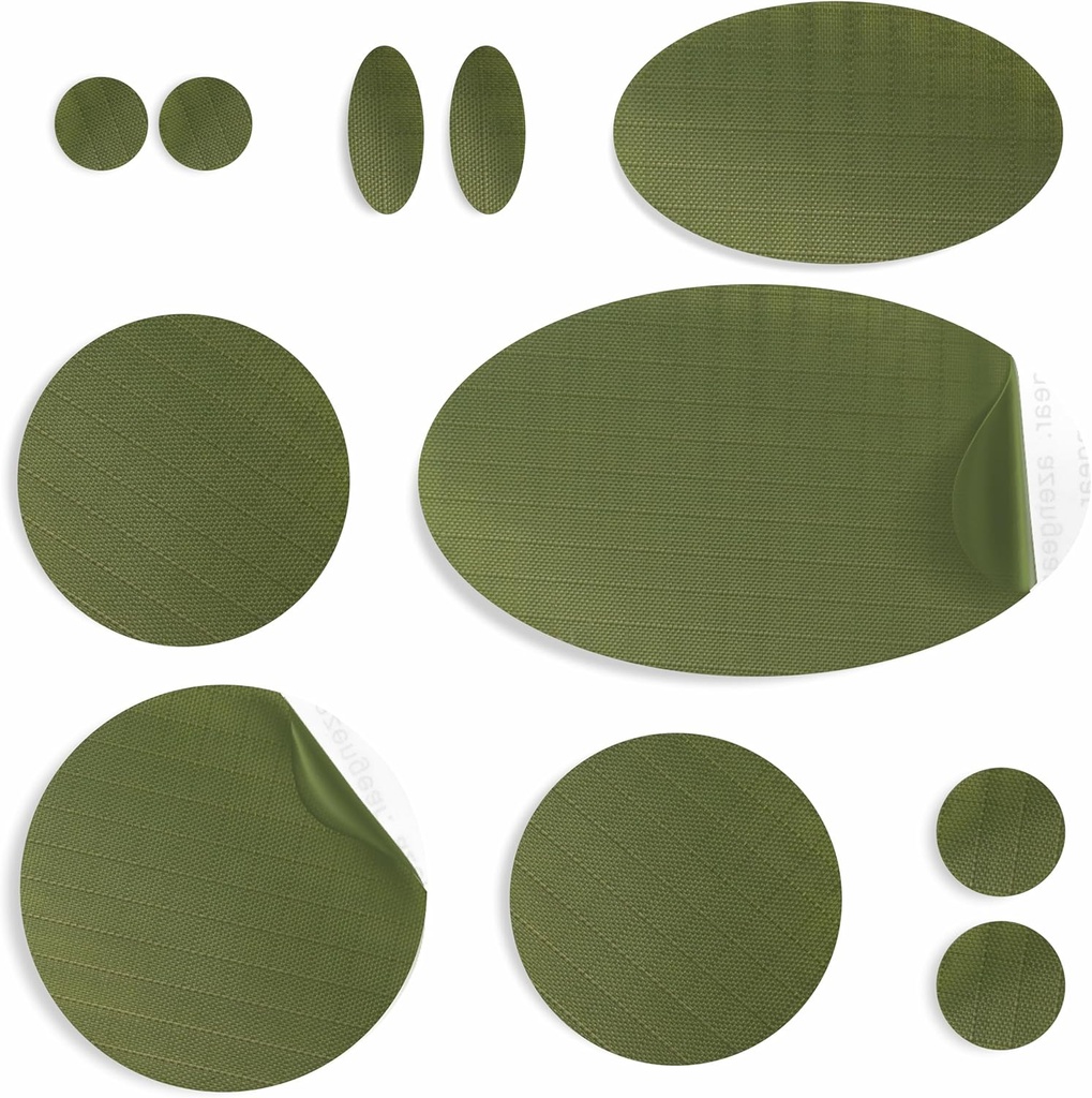 aZengear Repair Patch for Jackets, Tent, Shoe Toe, Air Mattress, Inflables, PVC Gear - Waterproof, Self-Adhesive, Tear- Heats-Resistan, Down Puffer Coat (11 Pcs, Olive)