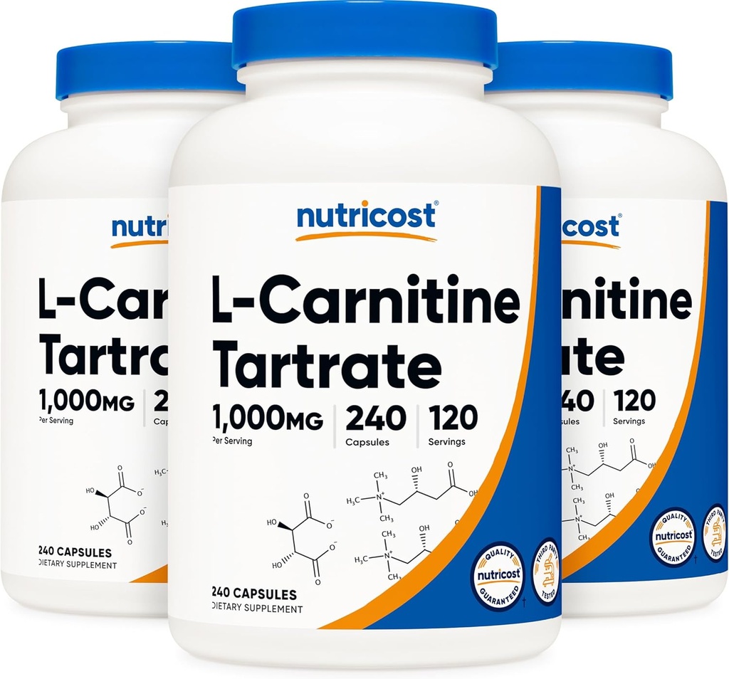 Nutricost L- Carnitine Tartrat 500mg, 240 Kapsul - 100mg Per Serving (3 Botol)