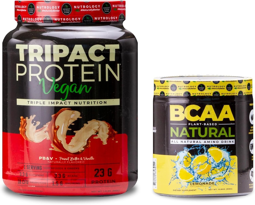 Nutrologi TRIACT Vegan Powder, untuk Vegan Protein Shakes, Peanut Butter Vanilla (20 Servings) BCAA Natural, Tanaman Based BCAA Powder, Lemonade Flavor (30 Pelayan)